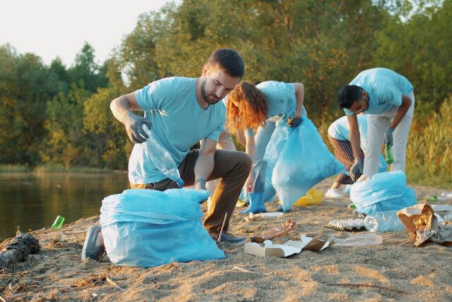 Voluntari cu mănuși și saci care strâng deșeuri de pe malul unui canal mărginit de stuf